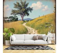 Murales de pared de tamaño personalizado, camino sereno a través de una ladera cubierta de hierba con árbol solitario y montañas lejanas, paisaje escénico de tela autoadhesiva (sin PVC), papel tapiz