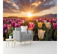 Murales de pared de tamaño personalizado, campo de tulipanes, amanecer, primavera, arte floral, autoadhesivo, extraíble, para sala de estar, dormitorio, tienda, oficina, niños