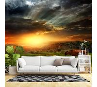 Murales de pared de tamaño personalizado, campo rural, puesta de sol, camino de pasto escénico con vaca bajo un cielo dramático, tela de pared autoadhesiva (sin PVC), papel tapiz grande extraíble para