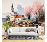 Murales de pared de tamaño personalizado, capilla del lago, árboles de flores de primavera, pintura de paisaje escénico, tela de pared autoadhesiva (sin PVC), papel tapiz grande extraíble para sala de