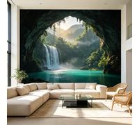 Murales de pared de tamaño personalizado, cascada serena, cueva oculta, paisaje tropical, selva, pintura al óleo, tela autoadhesiva, papel tapiz grande extraíble, decoración de pared para sala de