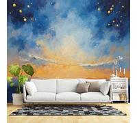 Murales de pared de tamaño personalizado, cielo abstracto del océano con estrellas doradas, horizonte de ensueño nubes azules y naranjas, tela de pared autoadhesiva (sin PVC), papel tapiz grande para