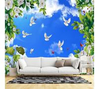 Murales de pared de tamaño personalizado, cielo azul, nubes blancas, palomas voladoras, flores de primavera, mariposas, papel tapiz autoadhesivo extraíble para sala de estar, dormitorio, oficina
