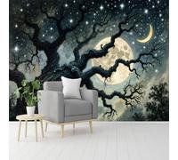 Murales de pared de tamaño personalizado, cielo nocturno con gran árbol retorcido y figura humana, papel tapiz autoadhesivo extraíble para despegar y pegar, para sala de estar, dormitorio, tienda