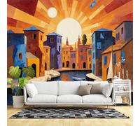 Murales de pared de tamaño personalizado, colorido canal de ciudad mediterránea, puesta de sol, pintura abstracta, arte cálido paisaje costero, tela de pared autoadhesiva (sin PVC), papel tapiz grande