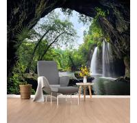 Murales de pared de tamaño personalizado, diseño de cascada de cueva, paisaje tropical, tela de pared autoadhesiva (sin PVC), papel tapiz fotográfico grande extraíble para sala de estar, dormitorio
