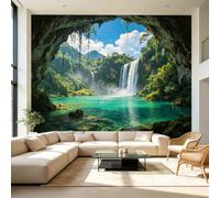 Murales de pared de tamaño personalizado, diseño de cueva de cascada tropical, paisaje, selva, lago, naturaleza serena, autoadhesivo, tela de pared extraíble, papel tapiz grande para decoración de