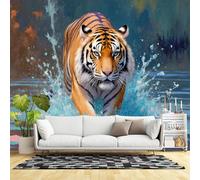 Murales de pared de tamaño personalizado, diseño de tigre majestuoso caminando a través del agua, arte de vida silvestre, tela de pared autoadhesiva (sin PVC), papel tapiz grande extraíble para sala