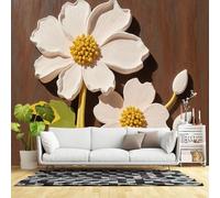 Murales de pared de tamaño personalizado, diseño minimalista botánico con textura de madera rústica en relieve de flores blancas, tela de pared autoadhesiva (sin PVC), papel tapiz grande extraíble