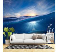 Murales de pared de tamaño personalizado, escena del océano de tiburones subacuáticos, peces tropicales, vida marina, vista al amanecer, tela de pared autoadhesiva (sin PVC), papel tapiz grande