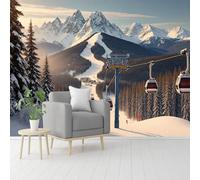 Murales de pared de tamaño personalizado, estación de esquí de montaña nevada al amanecer y remonte, papel tapiz autoadhesivo extraíble para despegar y pegar, para sala de estar, dormitorio, tienda