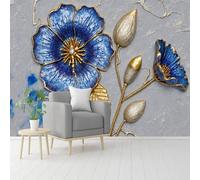 Murales de pared de tamaño personalizado, flor azul, hoja dorada, capullo plateado, diseño floral, papel pintado artístico, papel tapiz autoadhesivo extraíble, para sala de estar, dormitorio, tienda