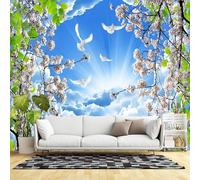 Murales de pared de tamaño personalizado, flores de cerezo de primavera, palomas blancas, cielo azul, nubes, paisaje natural, papel tapiz autoadhesivo extraíble para sala de estar, dormitorio, oficina