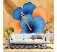 Murales de pared de tamaño personalizado, hibisco tropical con plumas botánicas tropicales de hibisco azul y naranja, fondo texturizado, tela de pared autoadhesiva (sin PVC), papel tapiz grande