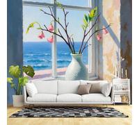Murales de pared de tamaño personalizado, jarrón de ramas florales, vista al océano, paisaje de ventana, estilo impresionista, tela de pared autoadhesiva (sin PVC), papel tapiz grande extraíble para