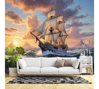 Murales de pared de tamaño personalizado, majestuoso barco alto navegando a través de mares tormentosos con montañas dramáticas al atardecer, tela de pared autoadhesiva (sin PVC), papel tapiz grande