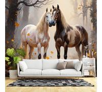 Murales de pared de tamaño personalizado, majestuosos caballos otoñales escena del bosque hojas doradas criaturas del bosque, tela de pared autoadhesiva (sin PVC), papel tapiz grande extraíble para
