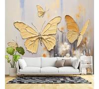 Murales de pared de tamaño personalizado, mariposa dorada y flor blanca, arte texturizado, pintura abstracta de la naturaleza, tela de pared autoadhesiva (sin PVC), papel tapiz grande extraíble para