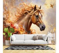 Murales de pared de tamaño personalizado, melena de caballo ardiente con pelo dorado que fluye y detalles dramáticos de fuego, estilo de arte abstracto, tela de pared autoadhesiva (sin PVC), papel
