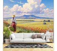 Murales de pared de tamaño personalizado, mujer caminando a través de campo de flores, camino de campo, vista de montaña, paisaje de verano, tela de pared autoadhesiva (sin PVC), papel tapiz grande