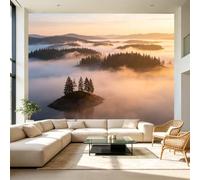 Murales de pared de tamaño personalizado, nube pacífica, vista al mar, bosque tranquilo, isla mañana, niebla, tela autoadhesiva, papel tapiz grande extraíble, decoración de pared para sala de estar