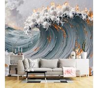 Murales de pared de tamaño personalizado, ola del océano estrellándose con textura de hoja dorada, arte abstracto dramático, tela de pared autoadhesiva (sin PVC), papel tapiz grande extraíble para