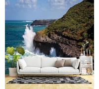 Murales de pared de tamaño personalizado, olas dramáticas del océano chocando contra un acantilado rocoso, paisaje costero tropical, tela de pared autoadhesiva (sin PVC), papel tapiz extraíble para