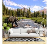 Murales de pared de tamaño personalizado, oso en montaña, río, bosque, paisaje, vida silvestre, naturaleza escénica, tela de pared autoadhesiva (sin PVC), papel tapiz grande extraíble para sala de