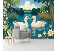 Murales de pared de tamaño personalizado, paisaje de margaritas de estanque de acuarela de lago cisne, autoadhesivo, extraíble, papel pintado para sala de estar, dormitorio, tienda, oficina, niños