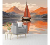 Murales de pared de tamaño personalizado, paisaje de montaña de lago de vela, reflejo de agua tranquila, puesta de sol naranja, papel tapiz autoadhesivo extraíble para sala de estar, dormitorio