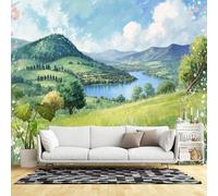 Murales de pared de tamaño personalizado, paisaje de verano de Green Hill Valley, vista escénica de prado floral, tela de pared autoadhesiva (sin PVC), papel tapiz grande extraíble para sala de estar