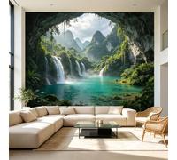 Murales de pared de tamaño personalizado, paisaje sereno, cascada, tropical, selva, cueva, tela autoadhesiva, papel tapiz grande extraíble, decoración de pared para sala de estar, dormitorio, oficina