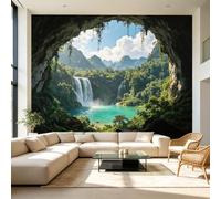 Murales de pared de tamaño personalizado, paisaje sereno, cascada, tropical, selva, cueva, tela autoadhesiva, papel tapiz grande extraíble, decoración de pared para sala de estar, dormitorio, oficina