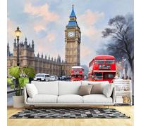 Murales de pared de tamaño personalizado, paisaje urbano de Londres, torre del reloj grande, arquitectura británica, autobús rojo de dos pisos, pintura de calle lluviosa, tela de pared autoadhesiva