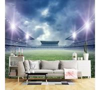 Murales de pared de tamaño personalizado, panorama de estadio de fútbol de hierba verde bajo un cielo nublado dramático con luces brillantes, tela de pared autoadhesiva (sin PVC), papel tapiz