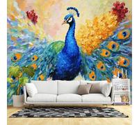 Murales de pared de tamaño personalizado, pavo real azul vibrante que muestra plumas texturizadas, pintura al óleo de arte animal, tela de pared autoadhesiva (sin PVC), papel tapiz grande extraíble