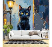 Murales de pared de tamaño personalizado, pequeño gatito negro, ojos amarillos, farola vintage, autoadhesivo, tela de pared (sin PVC), papel tapiz fotográfico grande extraíble para sala de estar