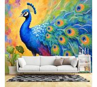 Murales de pared de tamaño personalizado, pintura al óleo con plumas de pavo real azul vibrante, paisaje natural, tela de pared autoadhesiva (sin PVC), papel tapiz grande extraíble para sala de estar