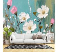 Murales de pared de tamaño personalizado, pintura al óleo de flores blancas y rosas, arte floral texturizado sobre fondo verde azulado, tela de pared autoadhesiva (sin PVC), papel tapiz grande