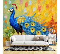 Murales de pared de tamaño personalizado, pintura al óleo de pavo real azul vibrante, estilo impresionista, plumas de cola de pájaro, fondo amarillo brillante, tela de pared autoadhesiva (sin PVC