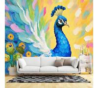 Murales de pared de tamaño personalizado, pintura al óleo de pavo real azul vibrante, plumas texturizadas, fondo amarillo brillante, tela de pared autoadhesiva (sin PVC), papel tapiz grande extraíble