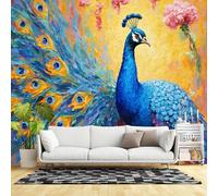 Murales de pared de tamaño personalizado, pintura al óleo impresionista de pavo real azul vibrante, flores tropicales, fondo amarillo dorado, tela de pared autoadhesiva (sin PVC), papel tapiz grande