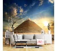 Murales de pared de tamaño personalizado, pirámide antigua, paisaje del desierto, atardecer, cielo con árbol desnudo y pájaro volador, tela de pared autoadhesiva (sin PVC), papel tapiz extraíble para
