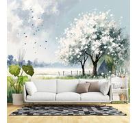 Murales de pared de tamaño personalizado, prado de primavera, árboles florecientes, pintura de paisaje pastel, paisaje natural con pájaros, tela de pared autoadhesiva (sin PVC), papel tapiz grande
