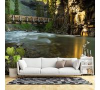 Murales de pared de tamaño personalizado, puente de madera sobre un río de montaña, paisaje de bosque de acantilados rocosos, tela de pared autoadhesiva (sin PVC), papel tapiz grande extraíble para