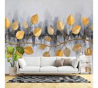 Murales de pared de tamaño personalizado, rama de hoja dorada, arte abstracto, textura gris, hojas metálicas, diseño moderno de naturaleza, tela de pared autoadhesiva (sin PVC), papel tapiz grande