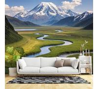 Murales de pared de tamaño personalizado, río serpentina serpenteando a través de un valle exuberante, montañas cubiertas de nieve, cielo dramático, tela de pared autoadhesiva (sin PVC), papel tapiz