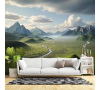 Murales de pared de tamaño personalizado, río valle verde que fluye a través de montañas brumosas, paisaje natural, paisaje escénico, tela de pared autoadhesiva (sin PVC), papel tapiz grande extraíble