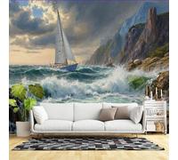 Murales de pared de tamaño personalizado, velero sobre olas tormentosas del mar, acantilado costero, paisaje oceánico, cielo dramático, arte de paisaje marino, tela de pared autoadhesiva (sin PVC