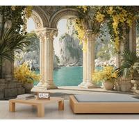 Murales de pared europeos, mural de columnas romanas italianas, papel pintado grande retro para sala de estar, mural de pared de paisaje italiano, 150 x 105 cm (no se despega)